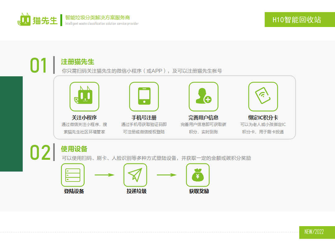 貓先生智能再生資源回收站，廢舊物資回收站，智能再生資源回收箱使用流程，社區(qū)垃圾分類站生產(chǎn)廠家